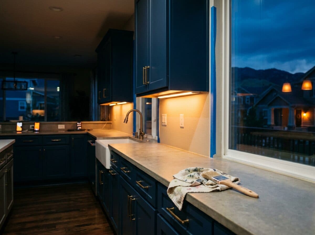 Freshly painted navy kitchen cabinets at dusk, a brush resting on the counter