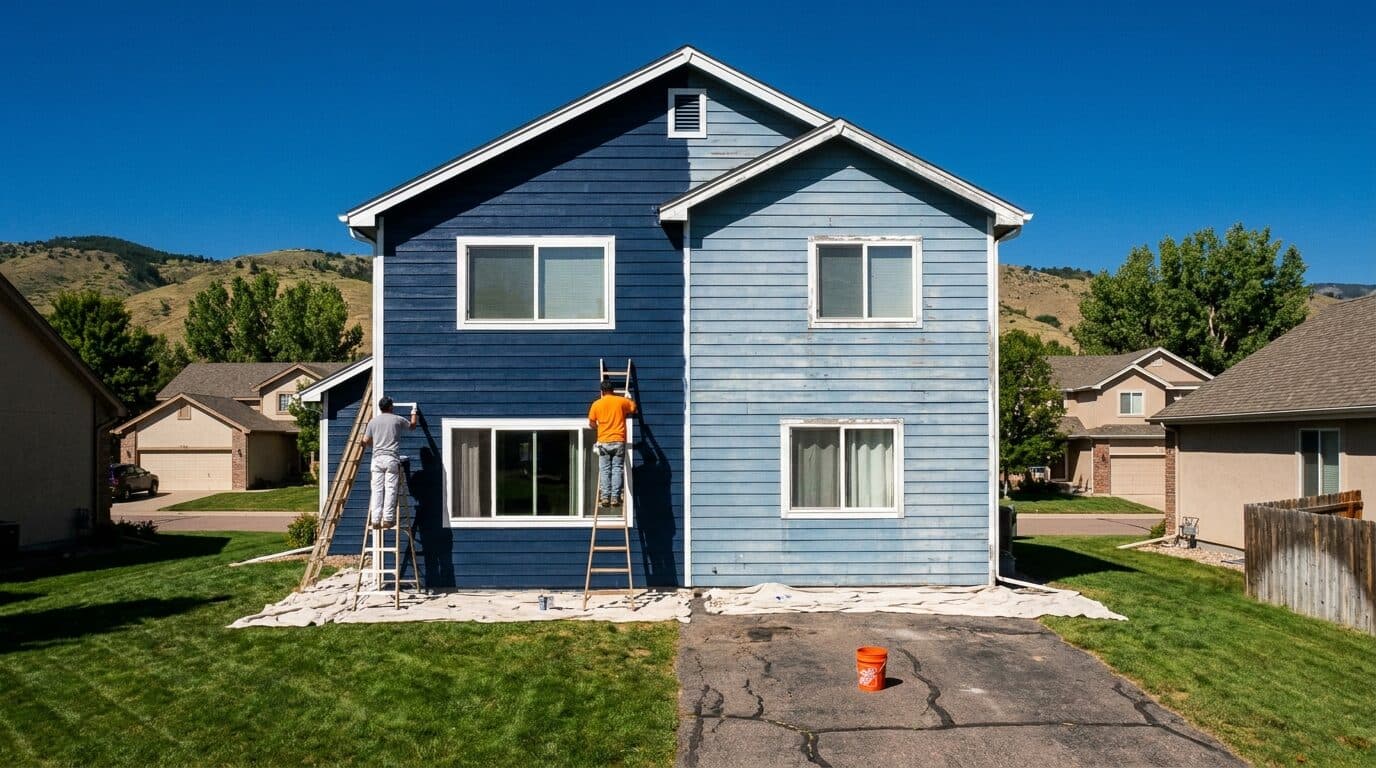 Two painters on ladders repainting a two-story house blue on a summer day