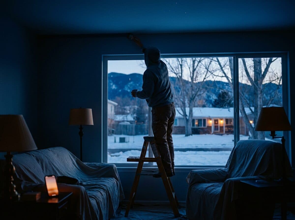 A painter on a stepladder painting a living room, snow on the ground outside the window