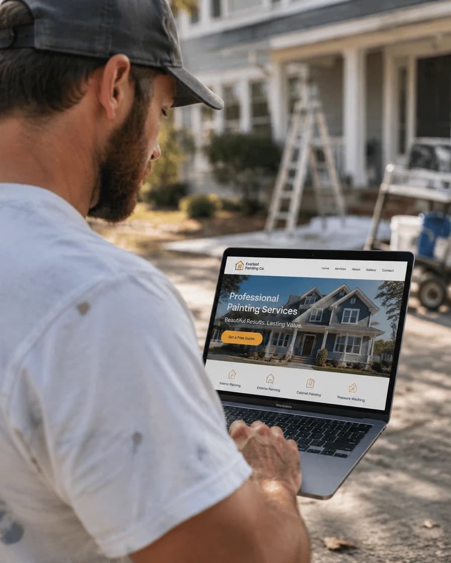 A painter checking a painting company website on a laptop outside a job
