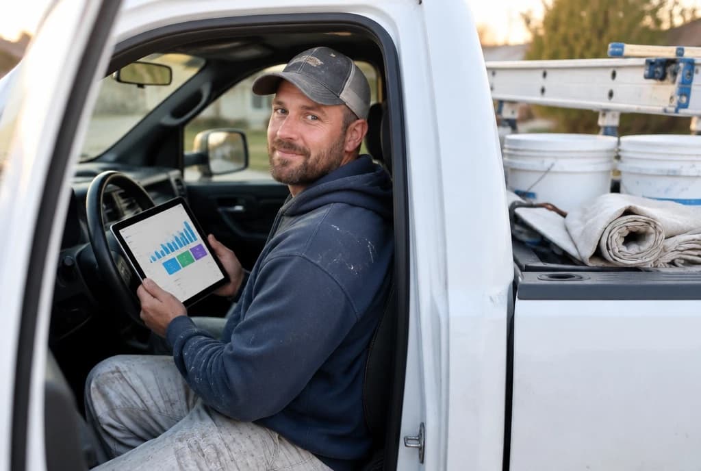 A painter in his truck holding a tablet showing his leads