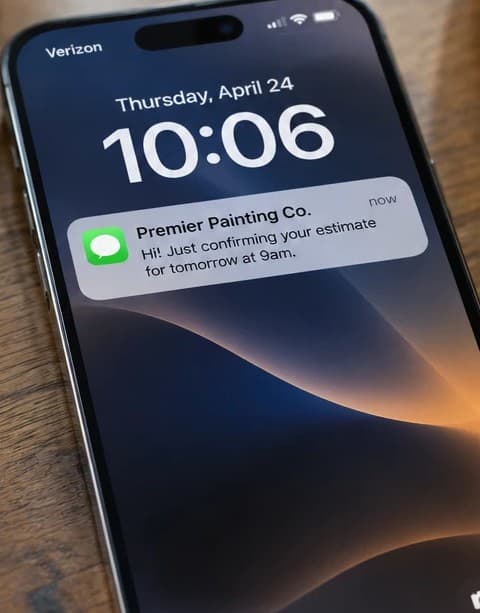 A phone on a table showing a text from a painting company confirming an estimate