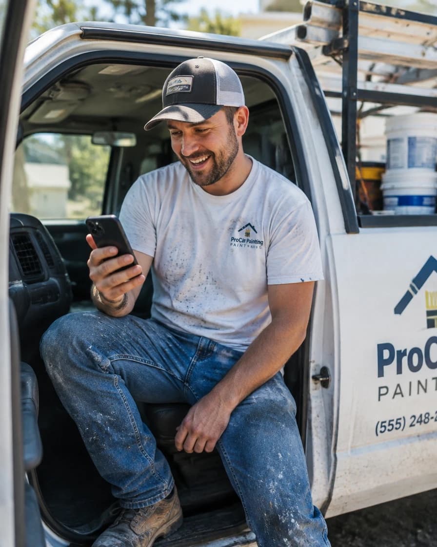 A painter smiling at his phone in the open door of his work truck